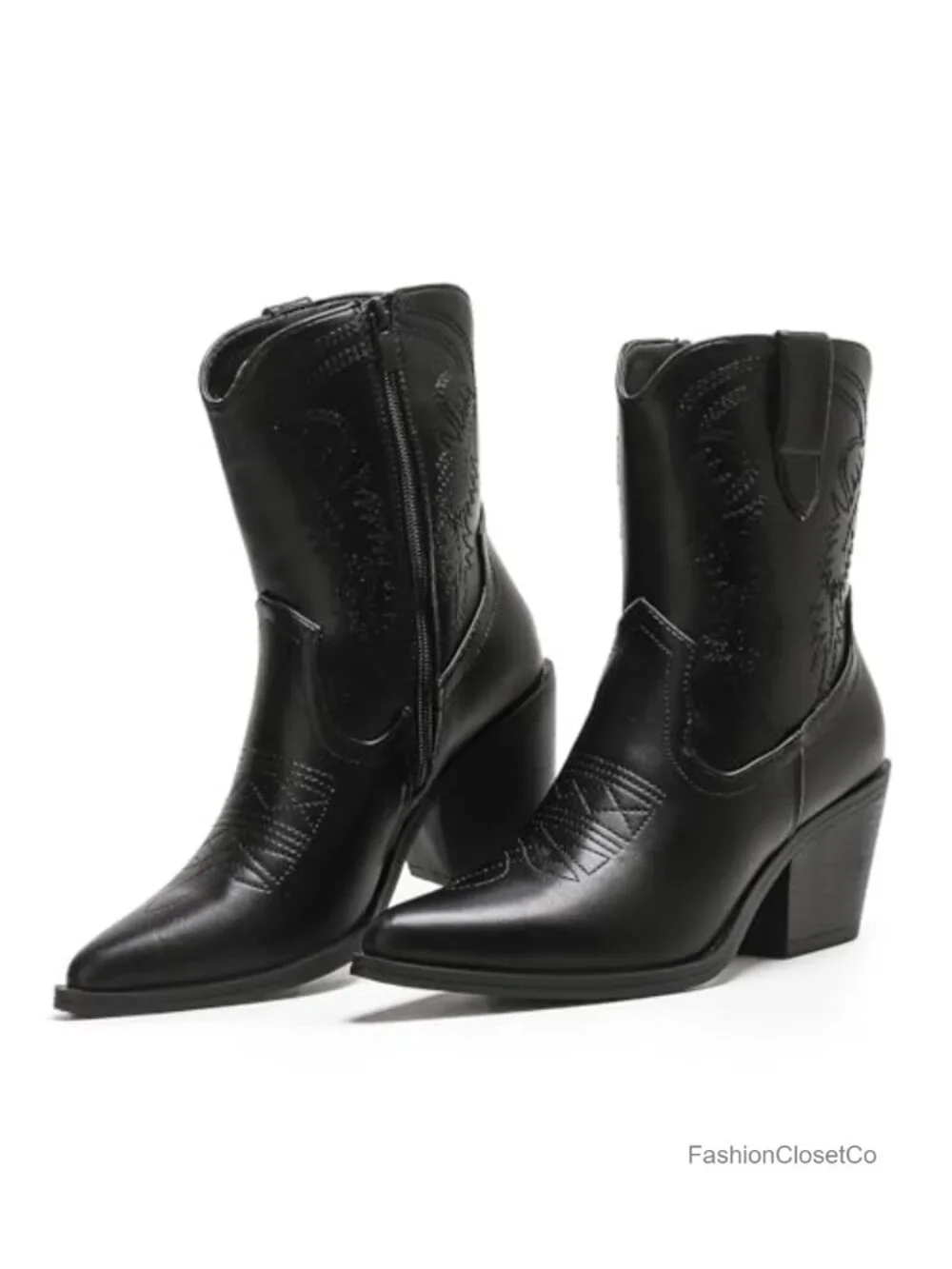 Cowboy Ankle Booties with Embroidery Detail, Pointed Toe, 2.6